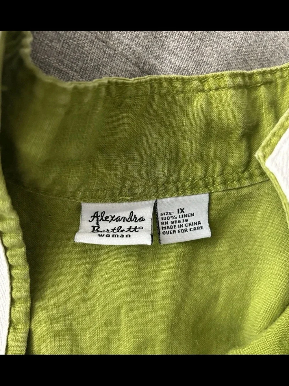 Alexandra Bartlett Top Tunic Blouse Popover 1X Green 100% Linen 3/4 Sleeve Split - Picture 2 of 8